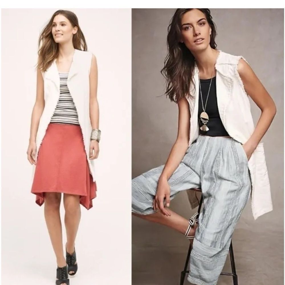 Anthropologie |  Elevenses Linen Coastal Natural Frayed Cardigan Vest | S